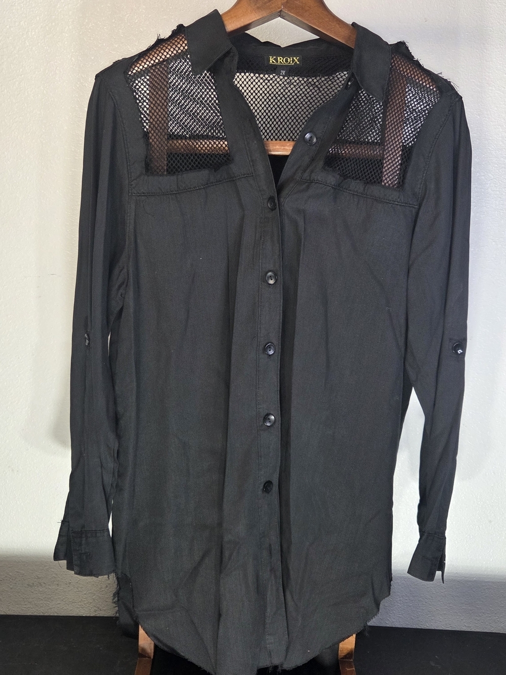 K. Rook Women's Black Mesh Yoke Button-Down Shirt